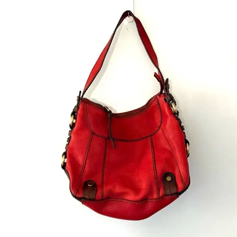 Fossil Red Leather Shoulder Bag Hobo Purse Contrast Stitching